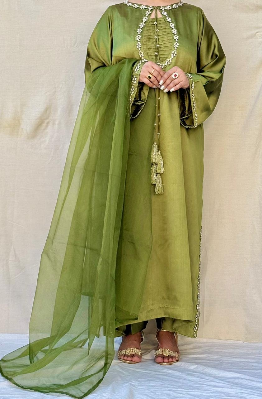 3 PIECE OLIVE GREEN EMBELLISHED SILK SUIT