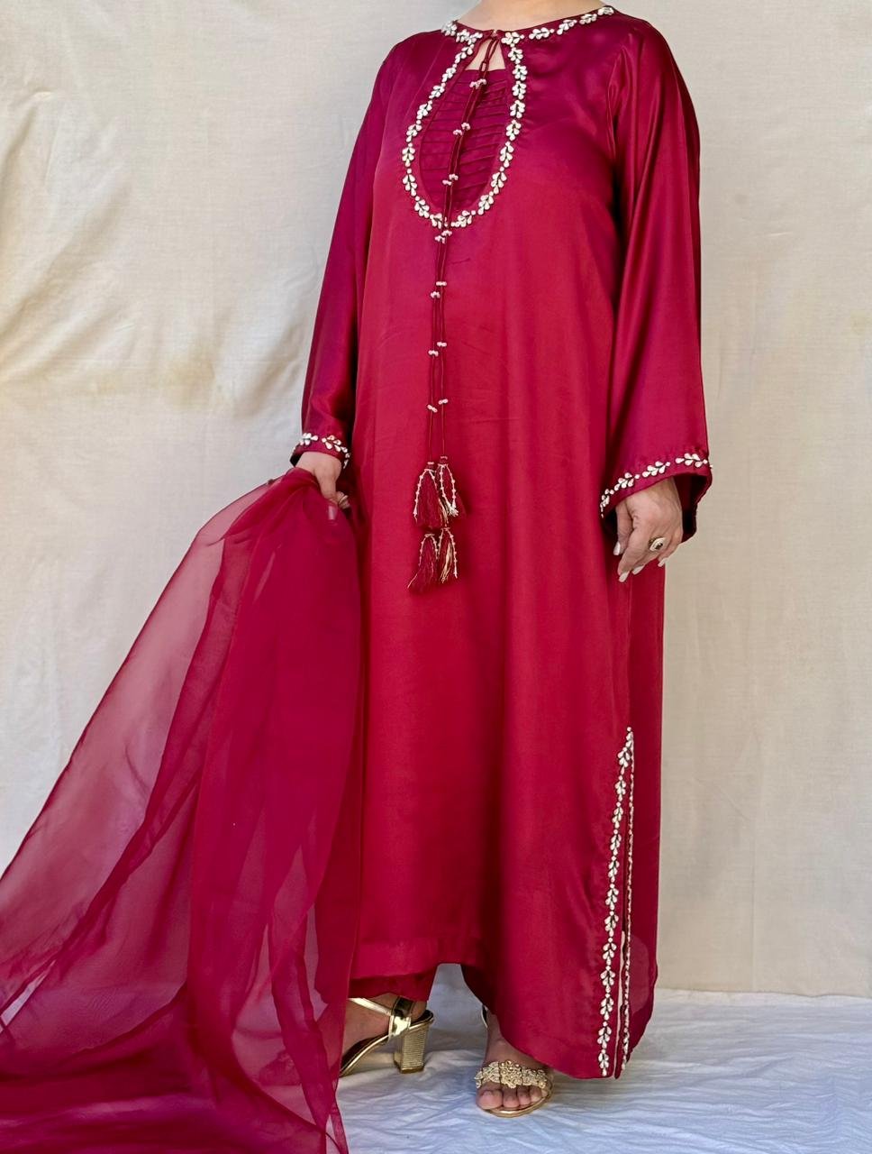 3 PIECE MAROON EMBELLISHED SILK SUIT