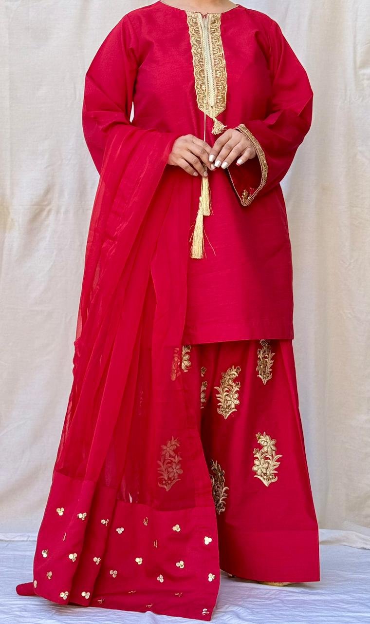 3 PIECE RED EMBROIDERED RAW SILK SUIT