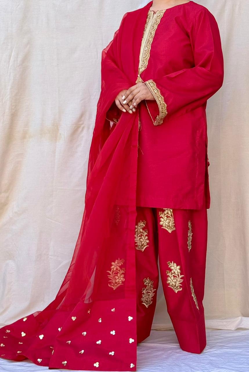 3 PIECE RED EMBROIDERED RAW SILK SUIT thumbnail 2