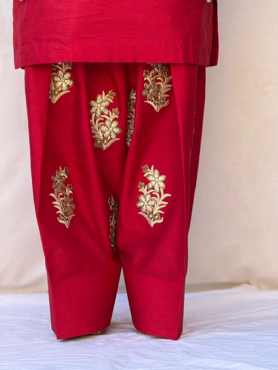 3 PIECE RED EMBROIDERED RAW SILK SUIT thumbnail 4