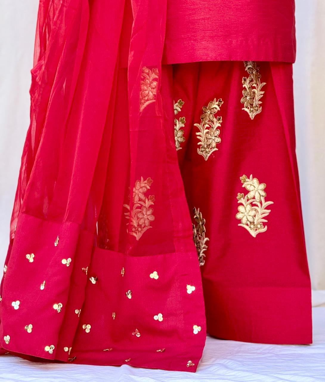 3 PIECE RED EMBROIDERED RAW SILK SUIT thumbnail 3