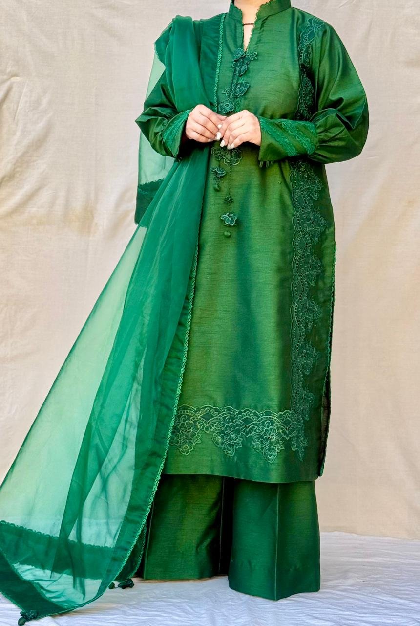 3 PIECE GREEN EMBROIDERED RAW SILK SUIT