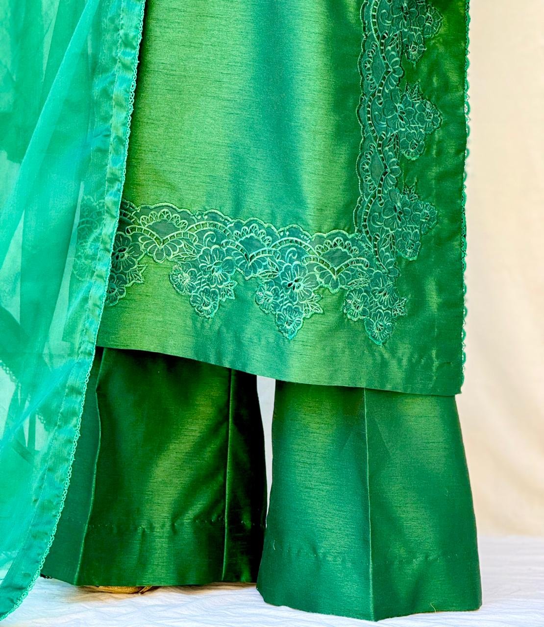 3 PIECE GREEN EMBROIDERED RAW SILK SUIT thumbnail 4