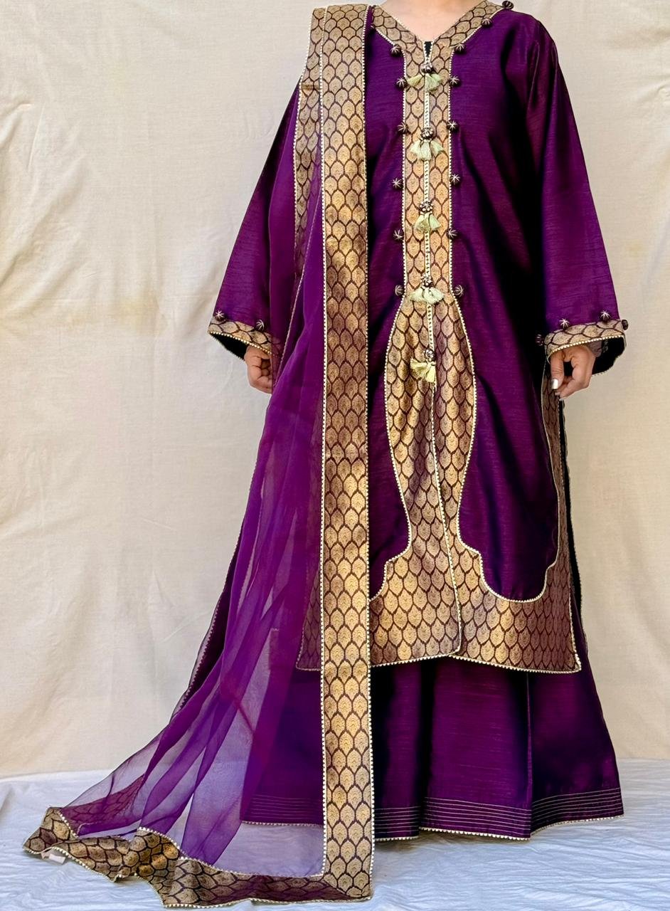 3 PIECE PURPLE EMBROIDERED RAW SILK SUIT