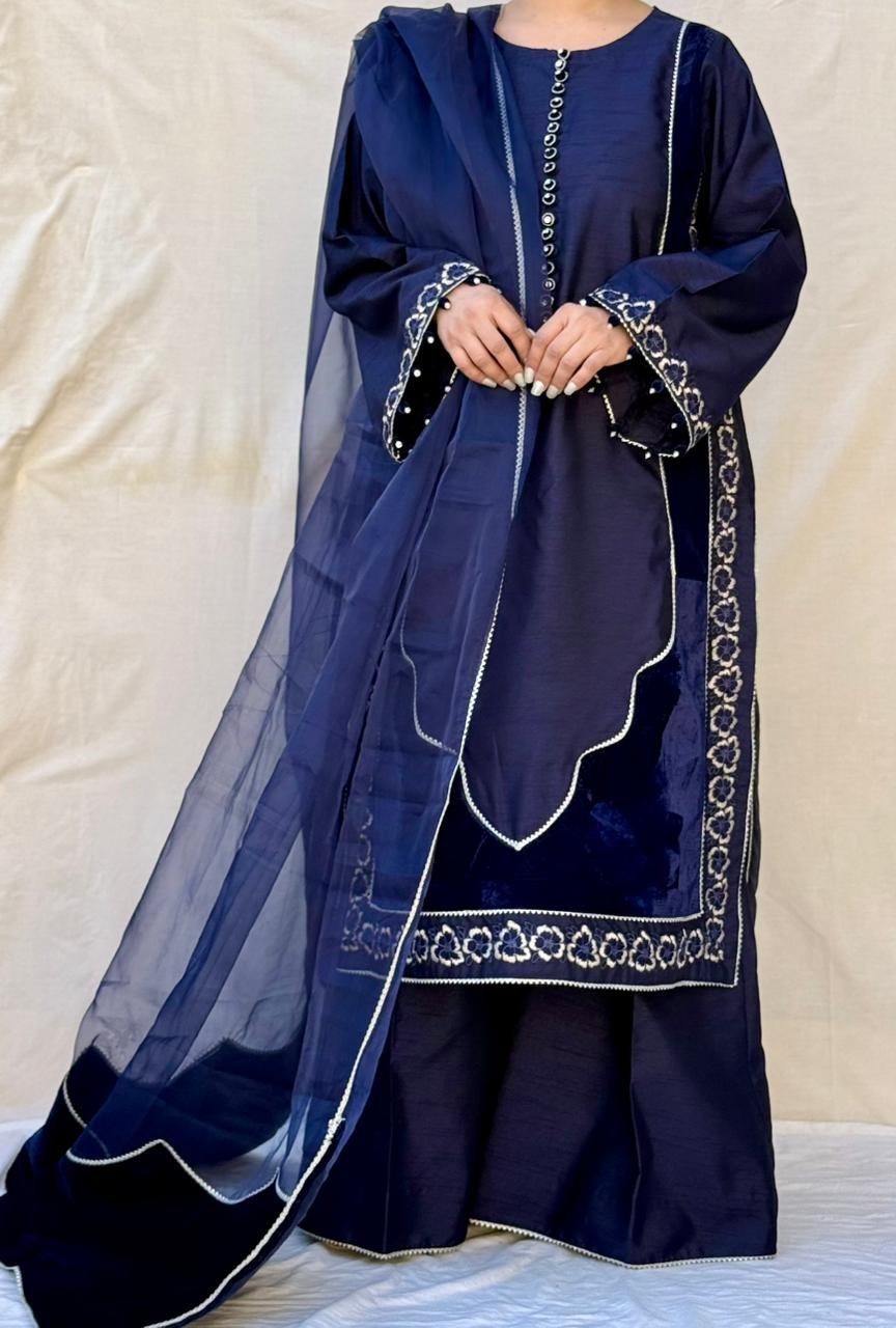 3 PIECE BLUE EMBROIDERED RAW SILK SUIT
